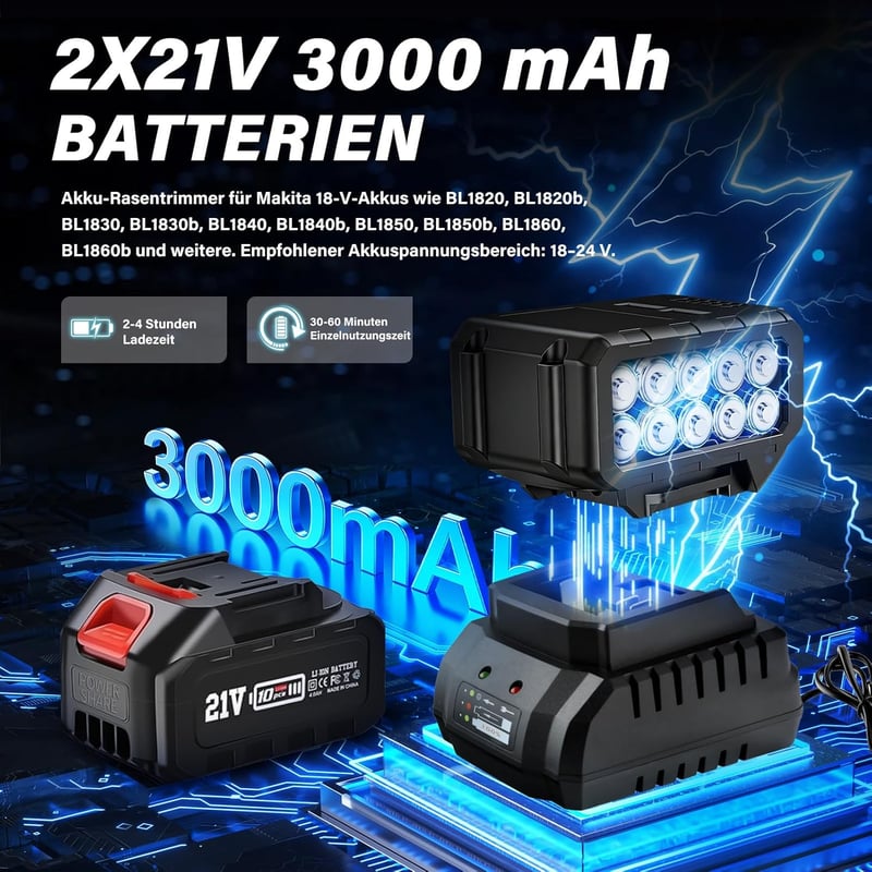 Trajinlity 21V Akkus Fűnyíró Makita Akkuval, 2x3.0Ah + Töltő, 3 Vágófej