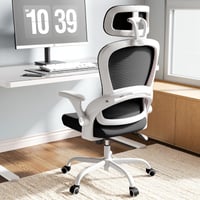Ergonomická kancelárska stolička TRALT s nastaviteľnou opierkou hlavy a podrúčkami, bielo-čierna sieťovinová — Kolieska sú trochu opotrebované (stav: pozri 2. obrázok) 1