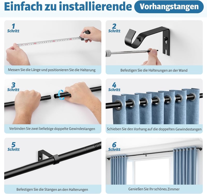 TRAROD Fekete Függönyrúd 76-228 cm Állítható Függönykarnis 16 mm Átmérő Tartóval