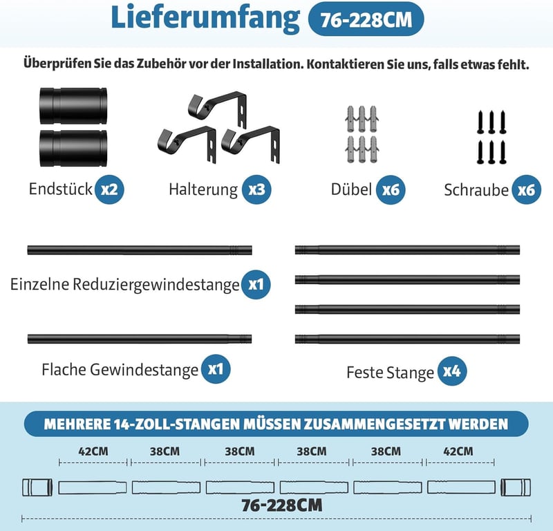 TRAROD Fekete Függönyrúd 76-228 cm Állítható Függönykarnis 16 mm Átmérő Tartóval
