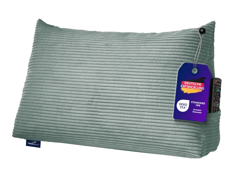 Vankúš na čítanie s opierkou chrbta Traumnacht Cozy 70x40 cm tyrkysový, so snímateľným prateľným zamatovým poťahom, bočným vreckom a certifikátom Oeko-Tex