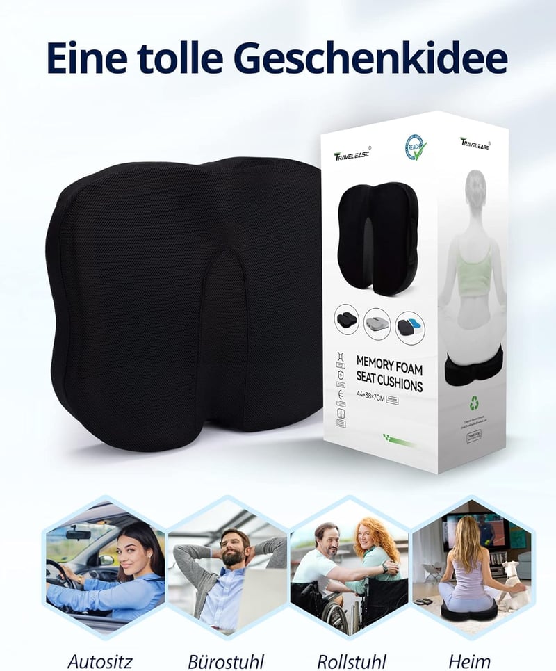 Travel Ease Ergonomikus Ülőpárna - Prémium Gél Memóriahabos Ülőlap Csúszásgátló Alappal, Hosszú Üléshez, Irodai Székhez, Autóüléshez, Gamer 