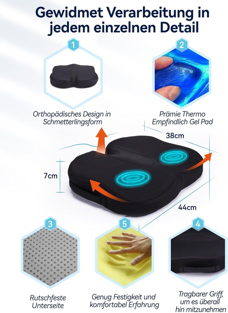 Travel Ease Ergonomikus Ülőpárna - Prémium Gél Memóriahabos Ülőlap Csúszásgátló Alappal, Hosszú Üléshez, Irodai Székhez, Autóüléshez, Gamer 