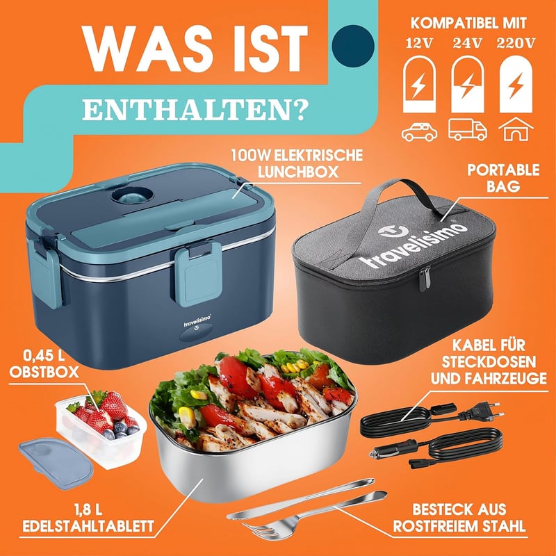 TRAVELISIMO XXL Elektromos Ételmelegítő 1.8L 100W 12V/24V/220V