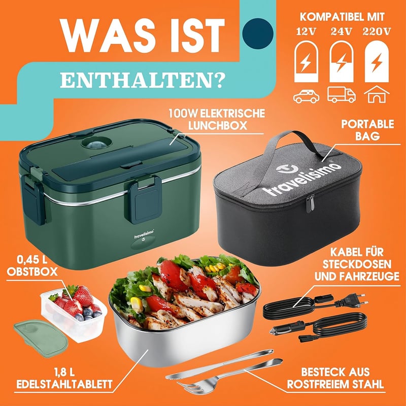 TRAVELISIMO XXL Elektromos Ételmelegítő 1.8L 100W 12V/24V/220V - Dark Green