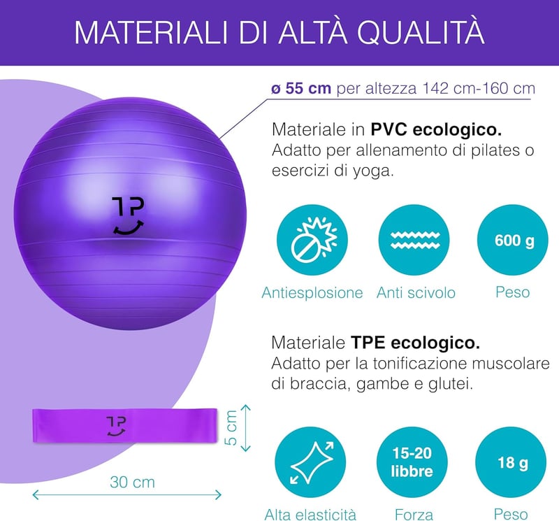 Tre Puri 55cm Yoga Pilates Labda Rugalmas Szalaggal és E-Book Útmutatóval - Purple