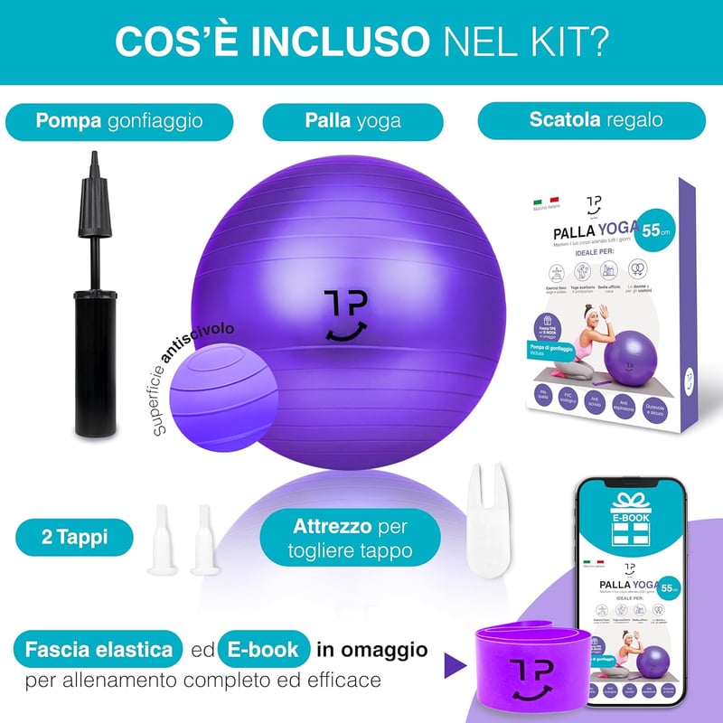 Tre Puri 55cm Yoga Pilates Labda Rugalmas Szalaggal és E-Book Útmutatóval - Purple