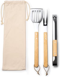 TRECOLA 3 részes rozsdamentes grillezés szett fa nyéllel - spatula, fogó, szeletelő 2
