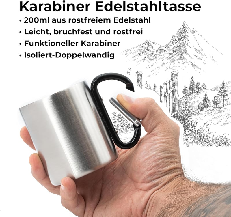 treeforce Rozsdamentes Túraedény Karabinerrel és Evőeszköz Szett Kés Villával