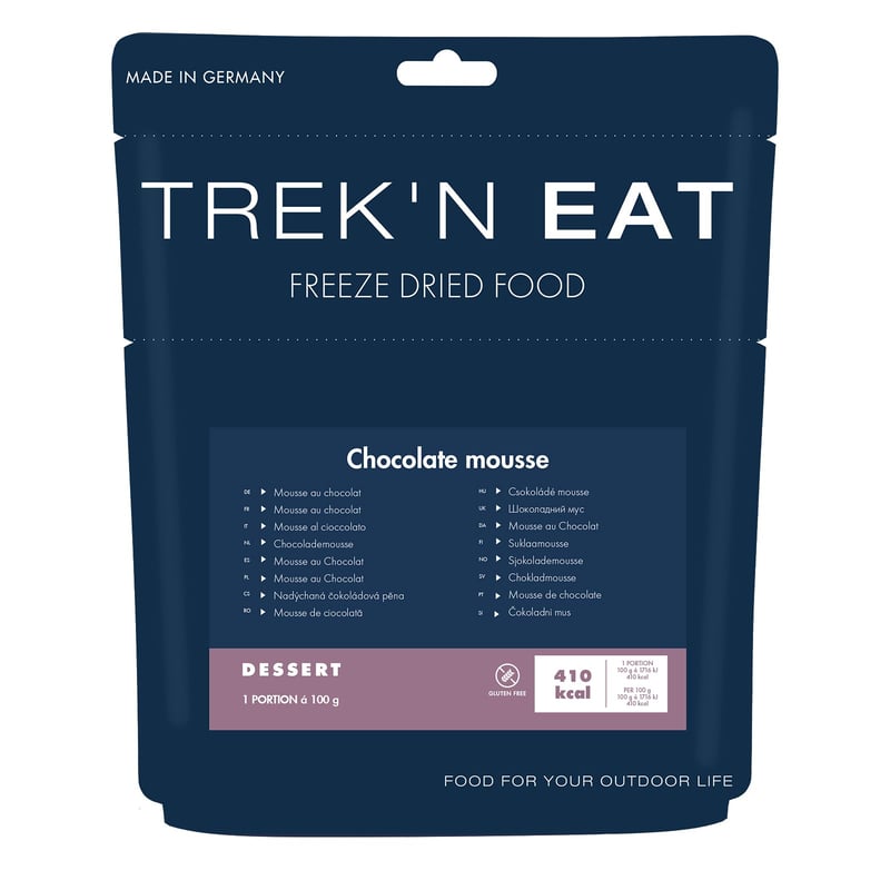 Spumă de ciocolată liofilizată Trek'n Eat Mousse au Chocolat – preparare rapidă cu apă, ușoară și cu termen de valabilitate lung, desert pentru trekking și camping
