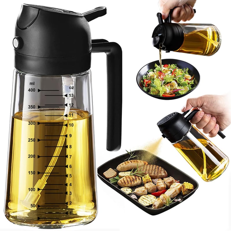 Pulverizator și dozator de ulei 2 în 1 TrendPlain, sticlă pentru gătit, salate și grătar, negru