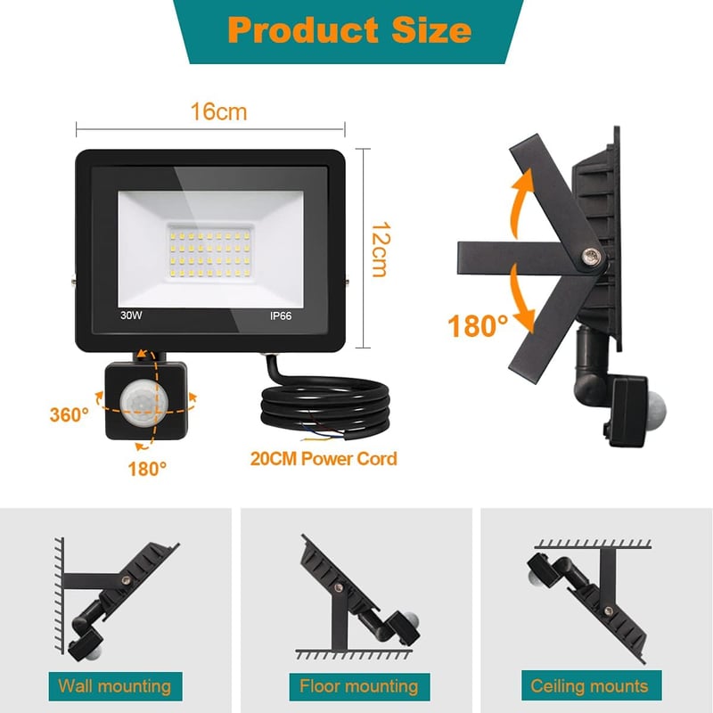Treoir 30W 3000LM LED Mozgásérzékelős Kültéri Reflektor 6000K IP66 Vízálló