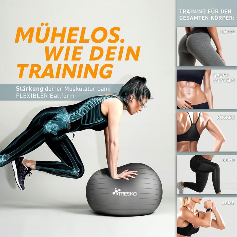 TRESKO Gimnasztikai Labda Légszivattyúval, Yoga Ball, Robusztus Ülőlabda 300 kg
