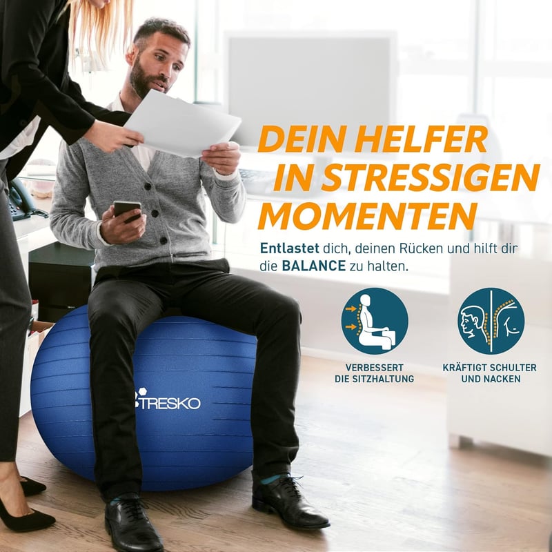 TRESKO Gimnasztikai Labda Légszivattyúval, Yoga Ball, Robusztus Ülőlabda 300 kg