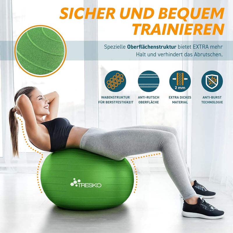 TRESKO Gimnasztikai Labda Légszivattyúval, Yoga Ball, Robusztus Ülőlabda 300 kg