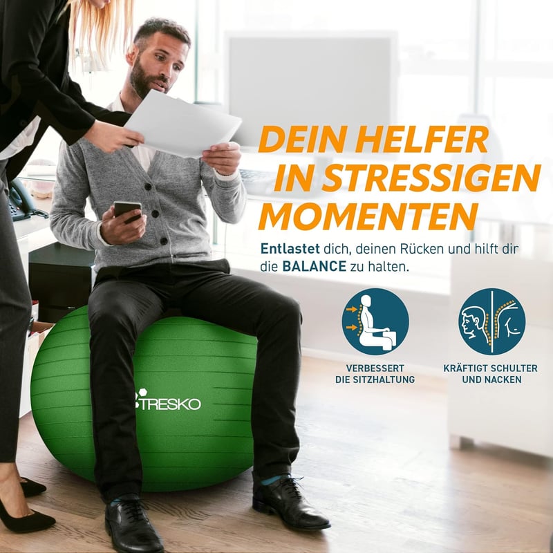 TRESKO Gimnasztikai Labda Légszivattyúval, Yoga Ball, Robusztus Ülőlabda 300 kg