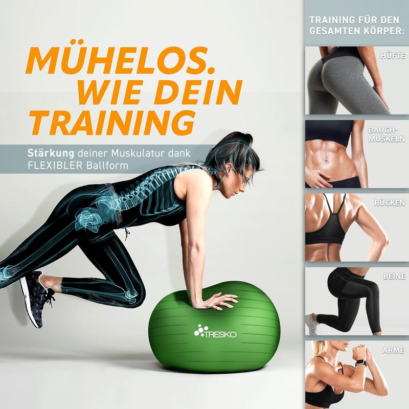 TRESKO Gimnasztikai Labda Légszivattyúval, Yoga Ball, Robusztus Ülőlabda 300 kg