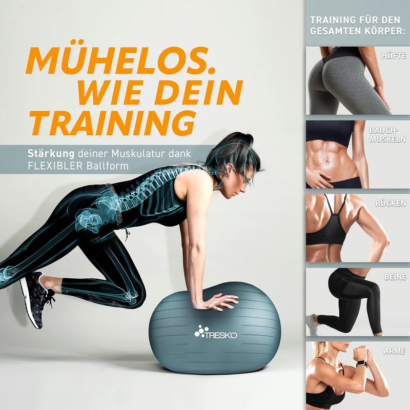 TRESKO Gimnasztikai Labda Légszivattyúval, Yoga Ball, Robusztus Ülőlabda 300 kg