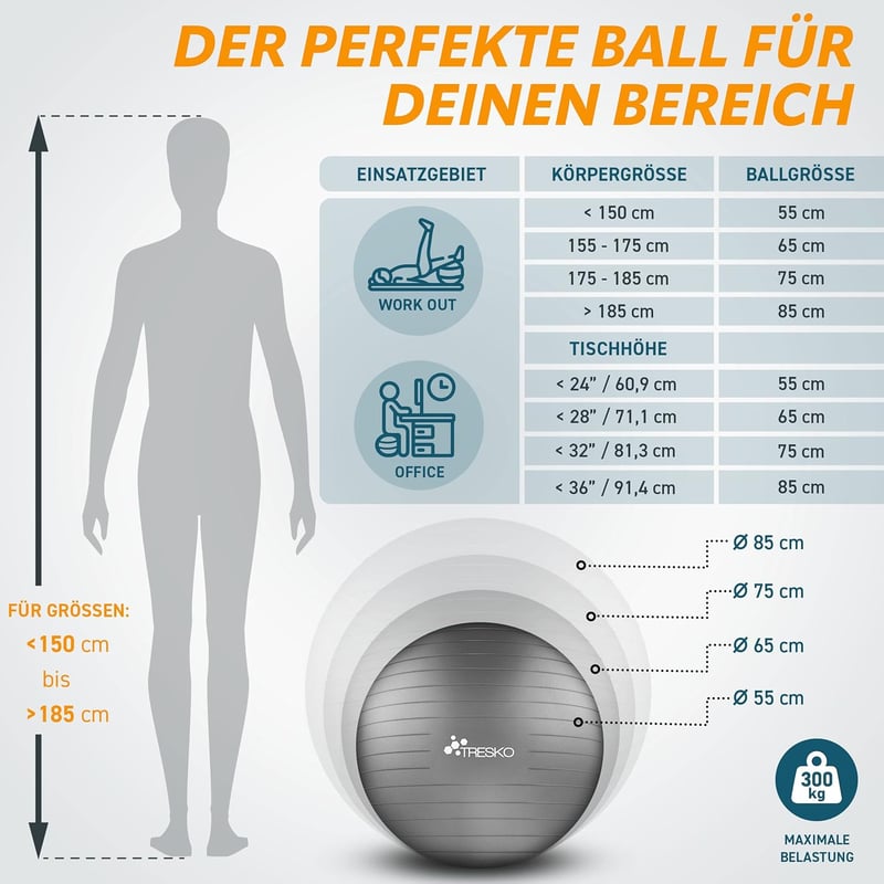 TRESKO Gimnasztikai Labda Légszivattyúval, Yoga Ball, Robusztus Ülőlabda 300 kg