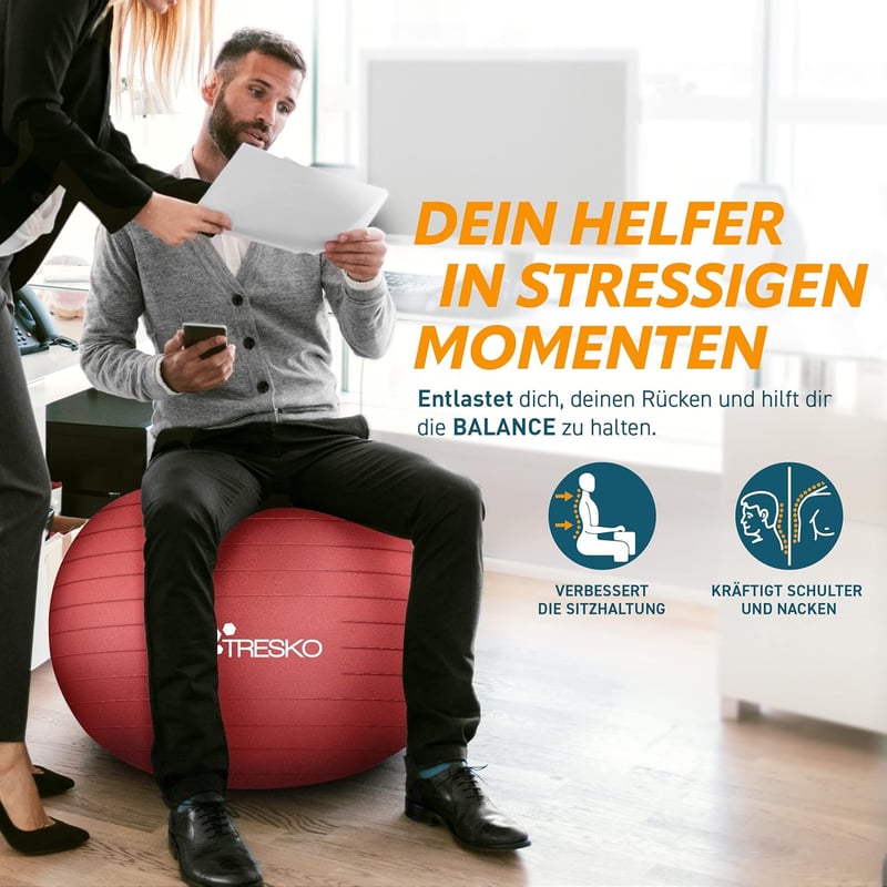 TRESKO Gimnasztikai Labda Légszivattyúval, Yoga Labda, Robusztus Ülőlabda 300 kg - 65cm (für Körpergröße 155 - 175cm), red