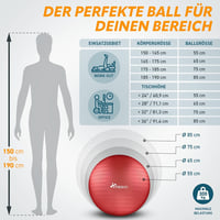 TRESKO Gimnasztikai Labda Légszivattyúval, Yoga Labda, Robusztus Ülőlabda 300 kg - 65cm (für Körpergröße 155 - 175cm), red 5