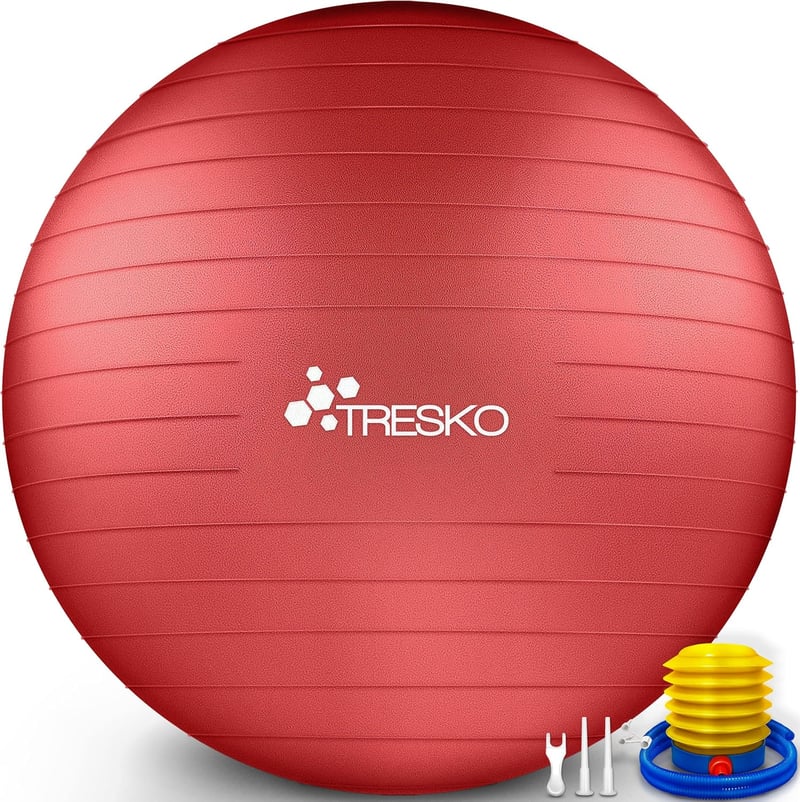 TRESKO Gimnasztikai Labda Légszivattyúval, Yoga Labda, Robusztus Ülőlabda 300 kg - 65cm (für Körpergröße 155 - 175cm), red