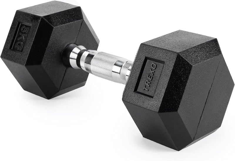 Gantere hexagonale TREXO 5 kg din fontă cauciucată, cu mâner ergonomic cromat, pentru bărbați și femei, pentru antrenament acasă și fitness