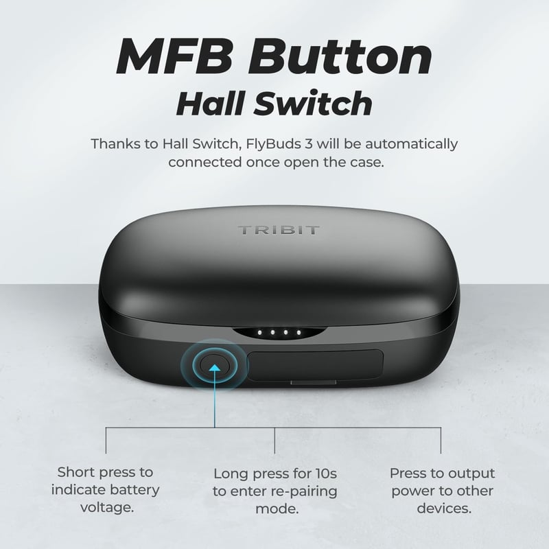 Tribit Flybuds 3 Bluetooth Fülhallgató - 100 Órás Üzemidő, USB-C Töltőtok, IPX8 Vízálló, Érintésvezérlés, Mélyhangzás, Beépített Mikrofon