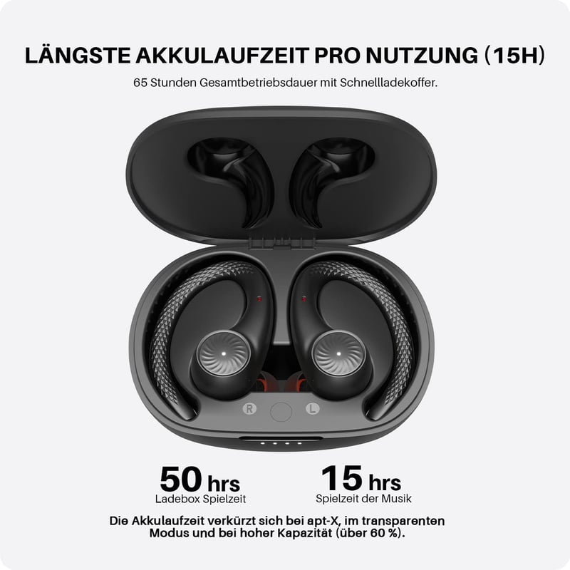 Tribit MoveBuds H1 Bluetooth 5.2 Sport Fülhallgató - IPX8 Vízálló, 65 Órás Üzemidő, Fülkampós Kialakítás, Edzéshez, Futáshoz