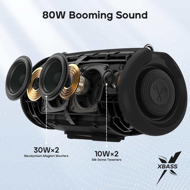 Tribit StormBox Lava Hordozható Bluetooth Hangszóró 80W - IP67 Vízálló, 24 Órás Üzemidő, Mélyhangkiemelés, Beépített Mikrofon, Kültéri Haszn