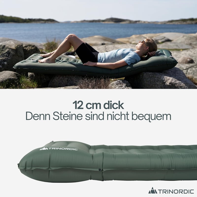 TRINORDIC Felfújható Kemping Matrac 12cm Extra Vastag Lábpumpával és Párnával - Könnyű Túra Ágy Outdoor Kiránduláshoz - Green - Ocean Green, Einzelbett