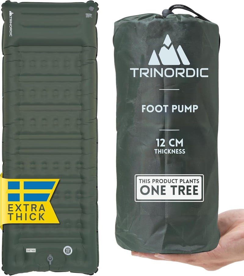 TRINORDIC Felfújható Kemping Matrac 12cm Extra Vastag Lábpumpával és Párnával - Könnyű Túra Ágy Outdoor Kiránduláshoz - Green - Ocean Green, Einzelbett