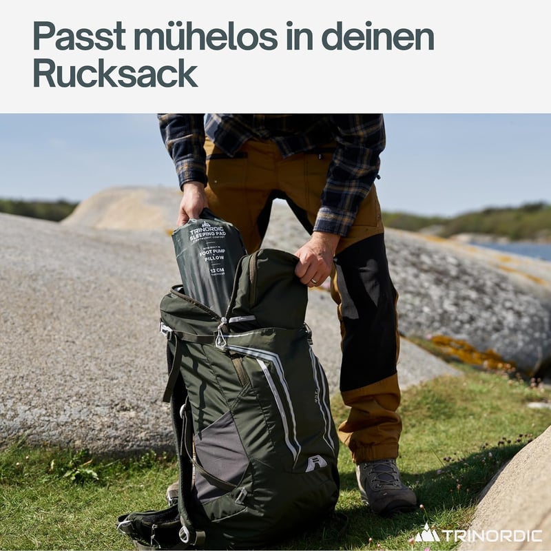 TRINORDIC Felfújható Kemping Matrac 12cm Extra Vastag Lábpumpával és Párnával - Könnyű Túra Ágy Outdoor Kiránduláshoz - Green - Ocean Green, Einzelbett