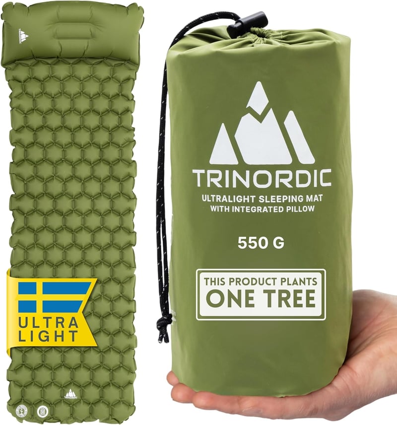 TRINORDIC Ultrakönnyű Kempingmatrac Beépített Párnával - Felfújható Túramatrac Erdőzöld Színben, 190x58cm, 550g, 120kg Teherbírás