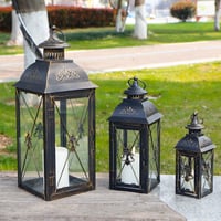 TRIROCKS Set de 3 Lămpi Vintage Suspendate din Metal, 49/34/24 cm, cu Sticlă Transparentă, Suport Lumânare pentru Living, Grădină, Terasă, Petrecere, Decor Interior/Exterior, Negru 3