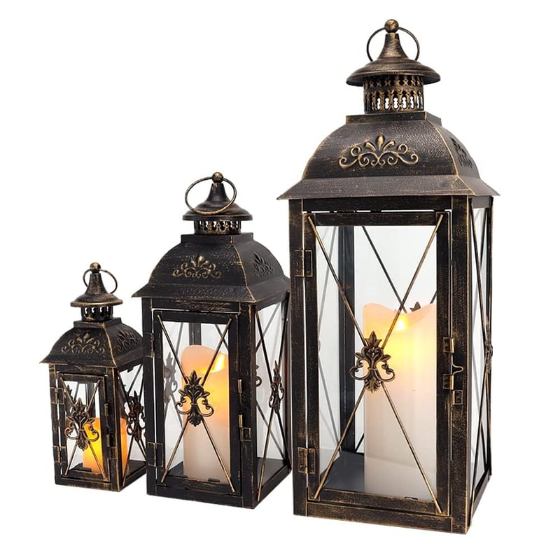 TRIROCKS Set de 3 Lămpi Vintage Suspendate din Metal, 49/34/24 cm, cu Sticlă Transparentă, Suport Lumânare pentru Living, Grădină, Terasă, Petrecere, Decor Interior/Exterior, Negru
