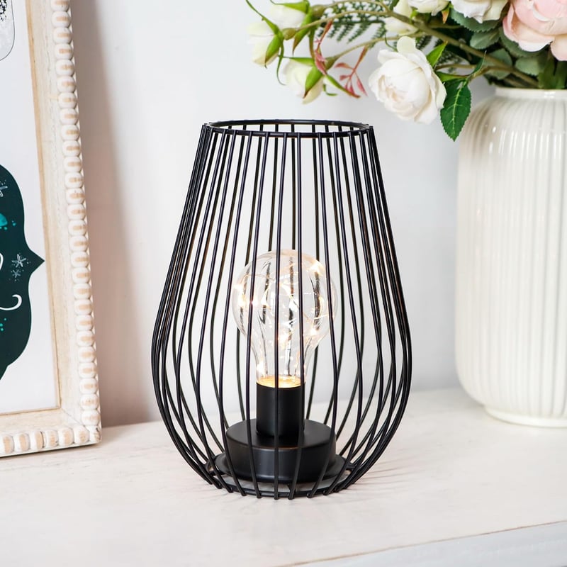 TRIROCKS Fém Asztali Lámpa - 8'' Magas Ketrec Design, Akkumulátoros, Meleg Fehér LED, Beltéri/Kültéri