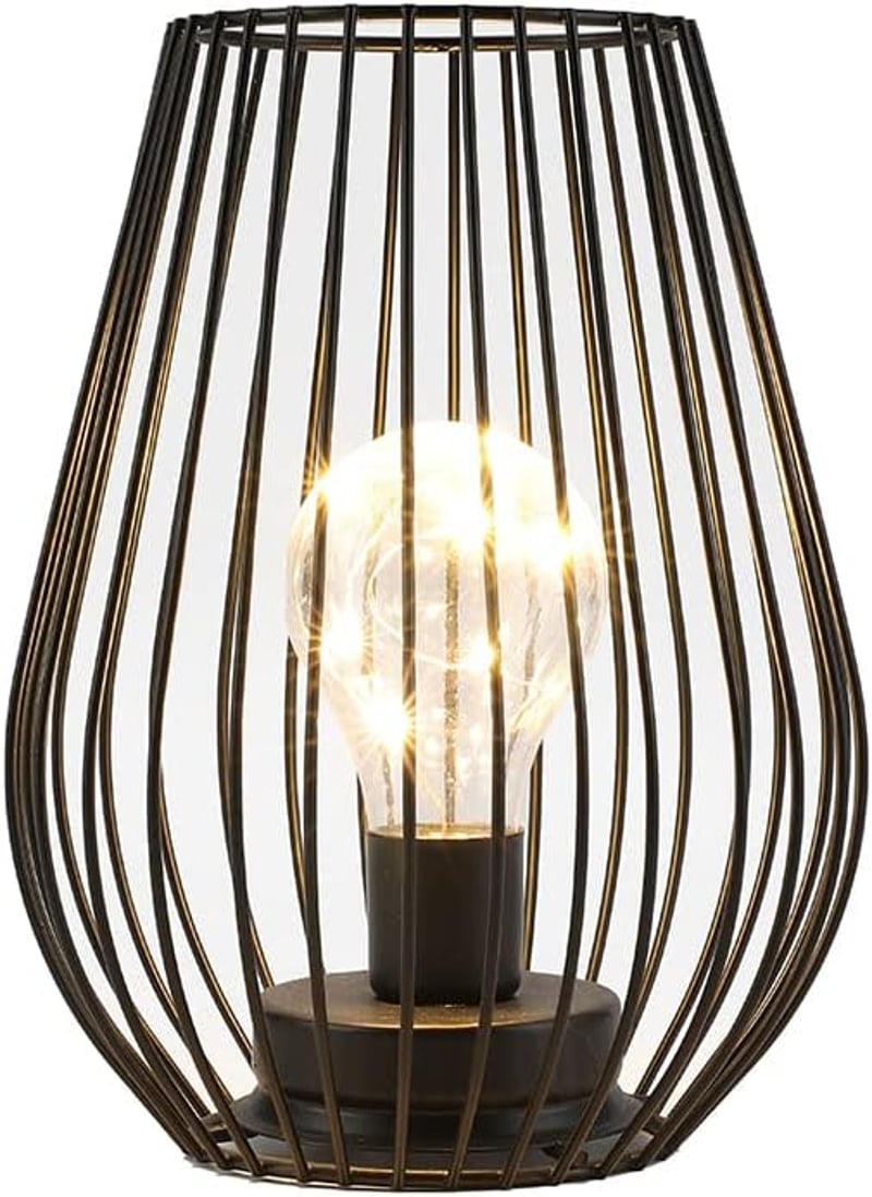 TRIROCKS Fém Asztali Lámpa - 8'' Magas Ketrec Design, Akkumulátoros, Meleg Fehér LED, Beltéri/Kültéri