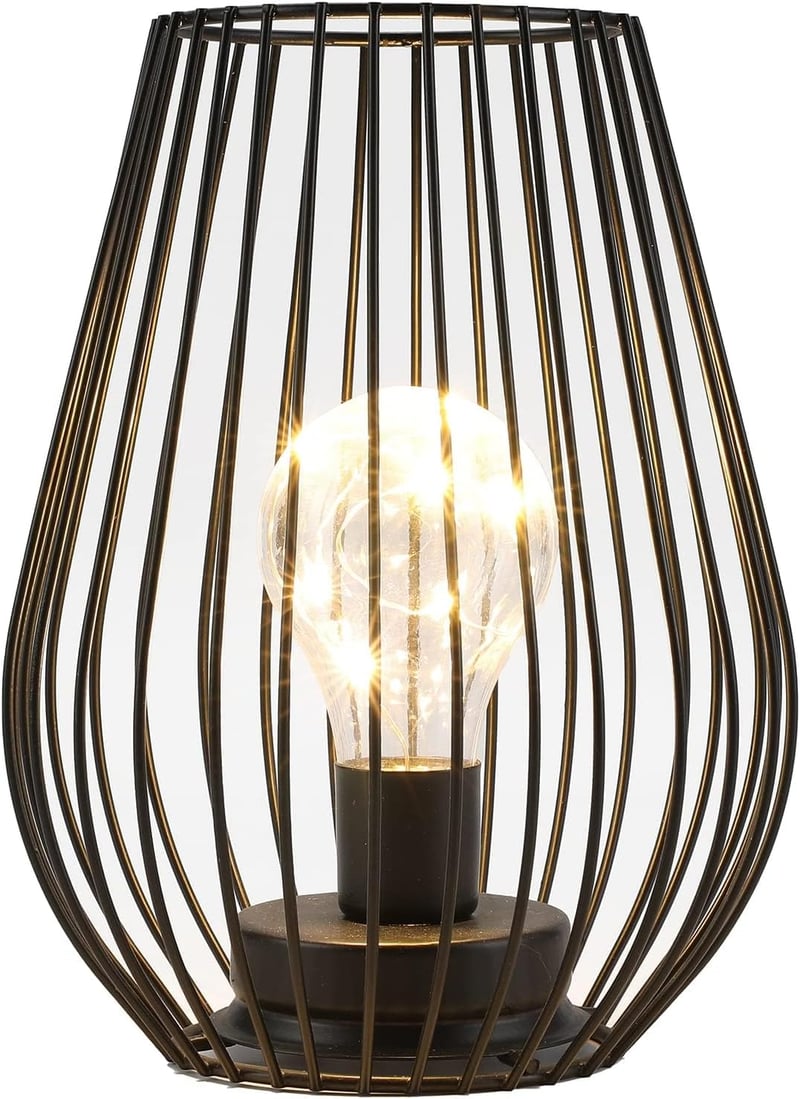 TRIROCKS Fém Asztali Lámpa - 8'' Magas Ketrec Design, Akkumulátoros, Meleg Fehér LED, Beltéri/Kültéri