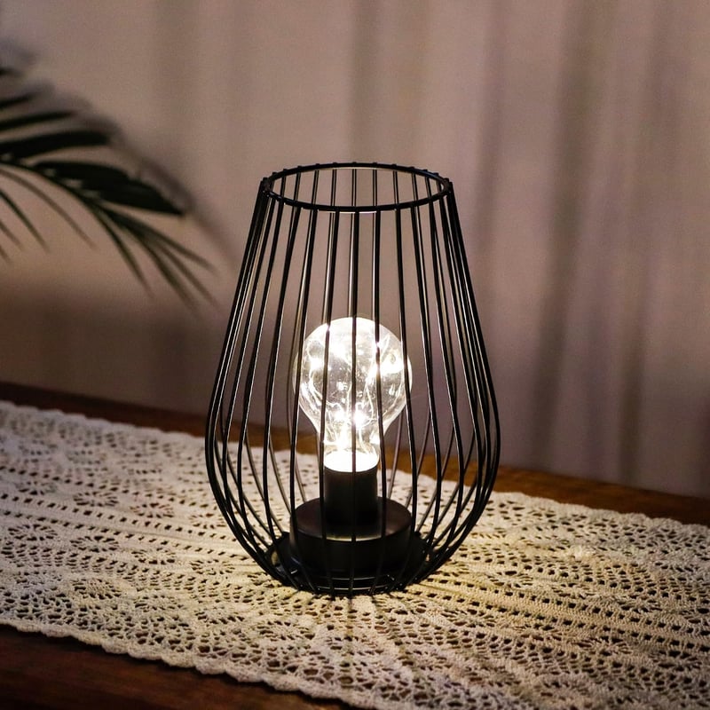 TRIROCKS Fém Asztali Lámpa - 8'' Magas Ketrec Design, Akkumulátoros, Meleg Fehér LED, Beltéri/Kültéri