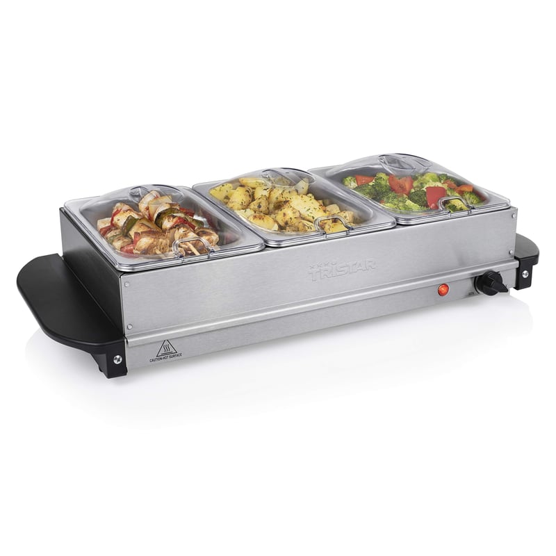 Tristar BP-6283 reșou de menținere la cald din oțel inoxidabil, 4,2 L, cu 3 recipiente, termostat reglabil, funcție de plită, 200 W, argintiu