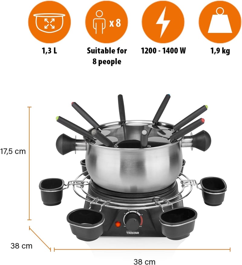 Tristar FO-1109 elektromos fondue készlet 8 személyre, 1,3L, rozsdamentes acél