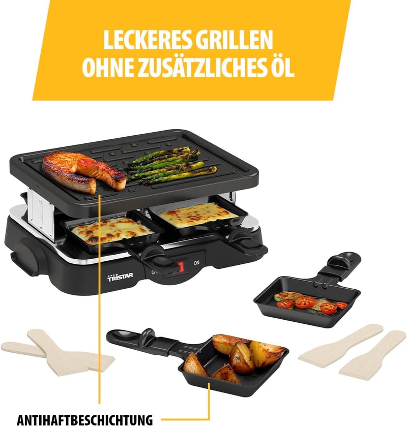 Tristar Raclette Grill 4 személyes 500W tapadásmentes serpenyőkkel
