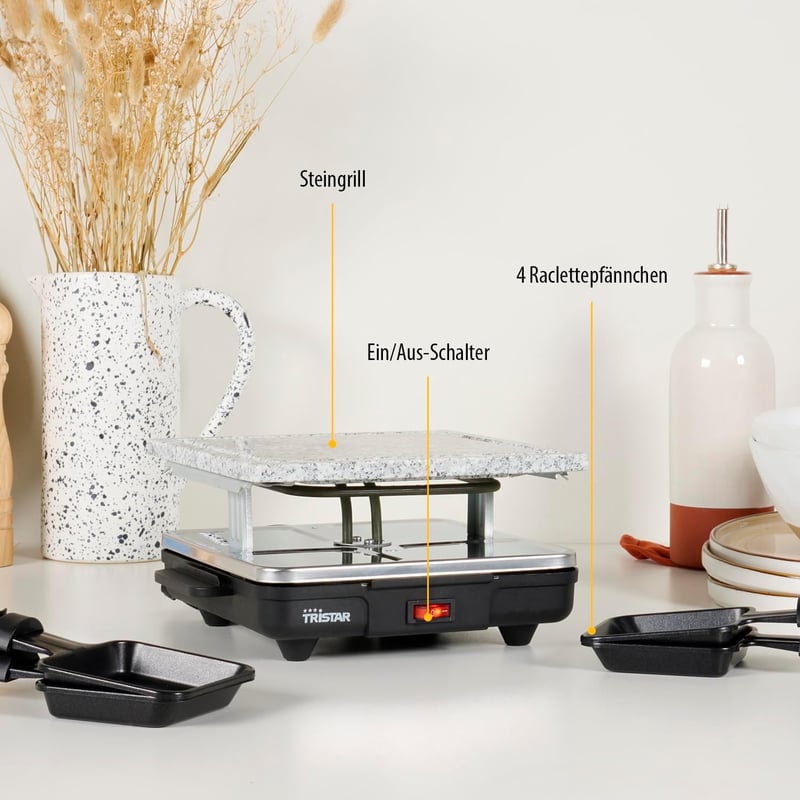 Tristar Raclette Stone 21x21 cm Grillkő 4 Személyes Raclette Grill Serpenyővel
