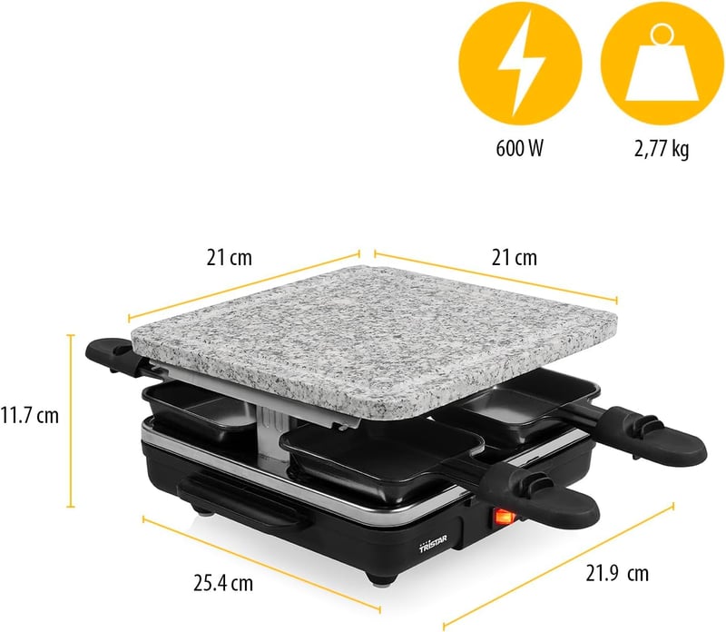 Tristar Raclette Stone 21x21 cm Grillkő 4 Személyes Raclette Grill Serpenyővel