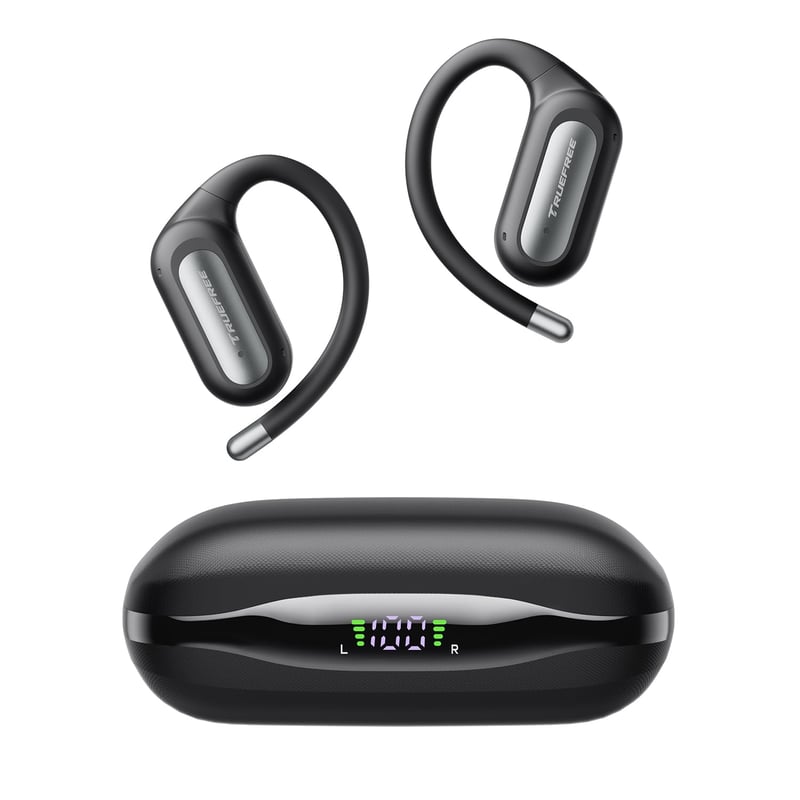 truefree EarFit DS1 Open-Ear Bluetooth 6.0 slúchadlá, športové slúchadlá s jemnými háčikmi za uši, 40-hodinová výdrž batérie, LED displej, 4 mikrofóny s ENC, IPX5, 12x17 mm menič, silné basy
