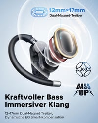 truefree EarFit DS1 Open-Ear Bluetooth 6.0 slúchadlá, športové slúchadlá s jemnými háčikmi za uši, 40-hodinová výdrž batérie, LED displej, 4 mikrofóny s ENC, IPX5, 12x17 mm menič, silné basy 3