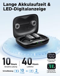 truefree EarFit DS1 Open-Ear Bluetooth 6.0 slúchadlá, športové slúchadlá s jemnými háčikmi za uši, 40-hodinová výdrž batérie, LED displej, 4 mikrofóny s ENC, IPX5, 12x17 mm menič, silné basy 5