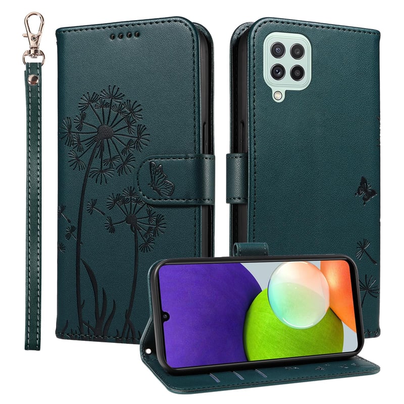Trugox vyklápacie puzdro na Samsung Galaxy A22 4G / M32 / M22 s motívom púpavy, priehradkou na karty a peňaženkou – tyrkysové