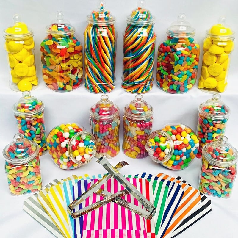 Truly Sweet Candy 14 darabos műanyag édességtartó szett, 7 stílus, csipesszel és zacskóval